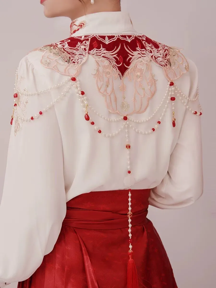 Embroidered Faux Pearl Cloud Shoulder Hanfu Qipao Accessories Chinese Retro Style Tassel Shawl for Women
