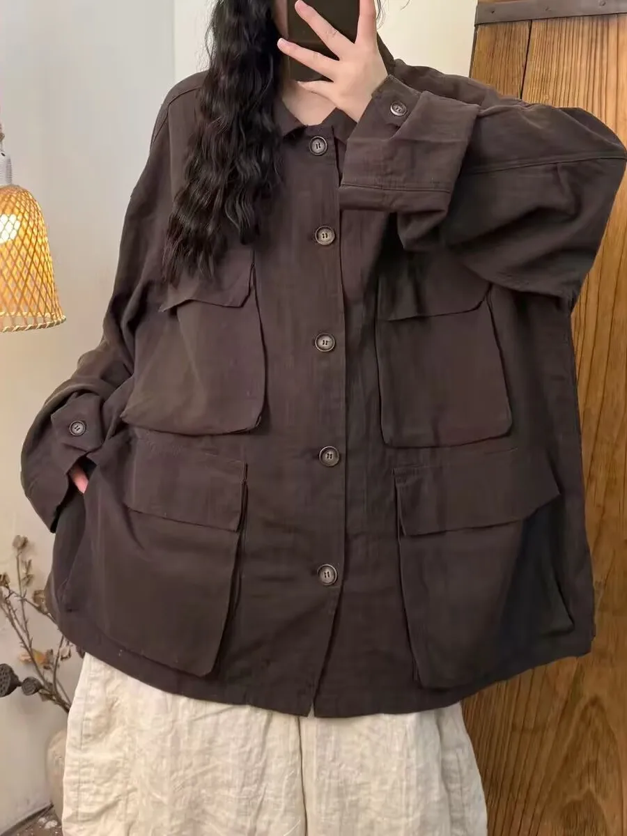 Casual Workwear Style Loose Women's Shirt Spring Autumn Long Sleeve Flip Collar Windbreaker Jacket Multi Pockets Versatile Size