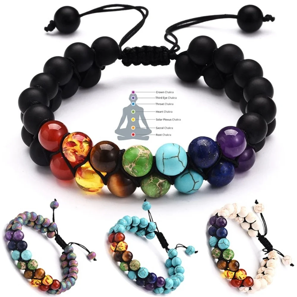 Bracelet énergétique des sept chakras, équilibre de guérison, pierre volcanique, pierre naturelle, pour la pratique de la pleine conscience, le bien-être, le Yoga