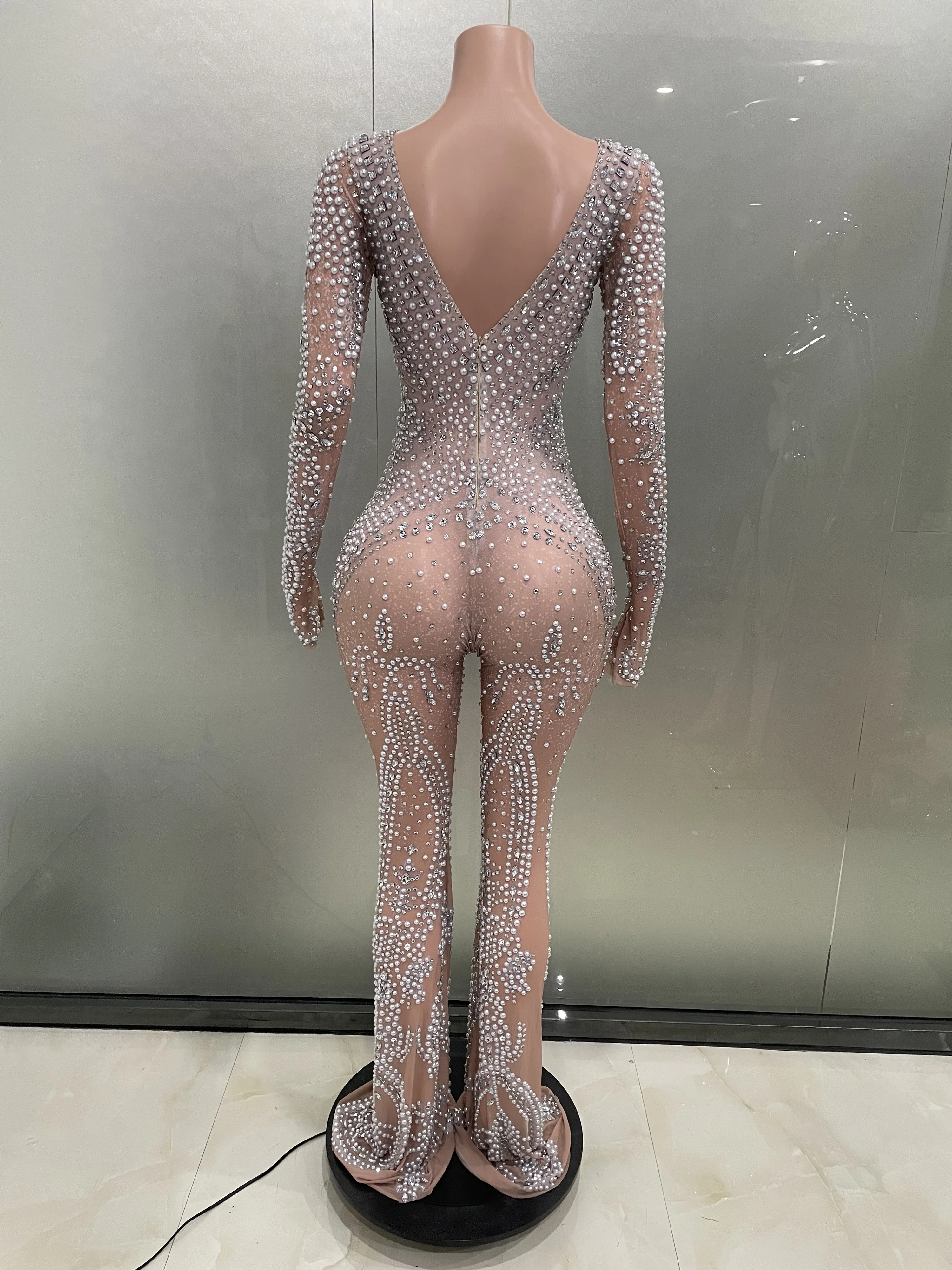 Sexy Sparkly Golden Crystals See Through Bodysuit Women Nightclub Birthday Party Club Dance Costume jumpsuit Show Stage Outfit