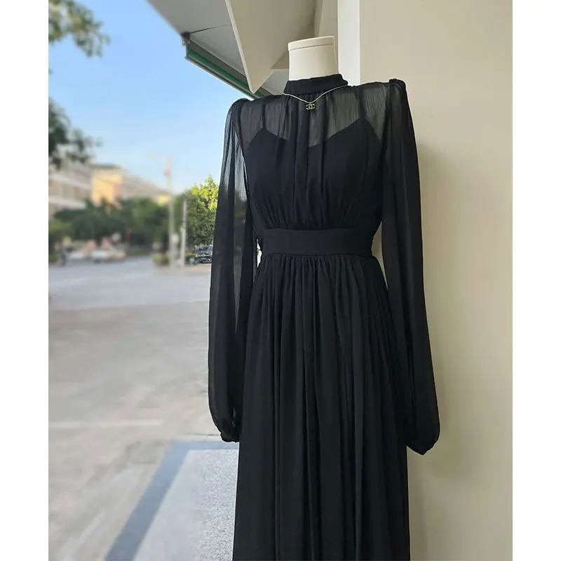 2023 Spring French Elegant  Black Dress Women Fashion Retro Long Sleeve Dresses Temperament Chiffon Office Lady Sundress Vestido