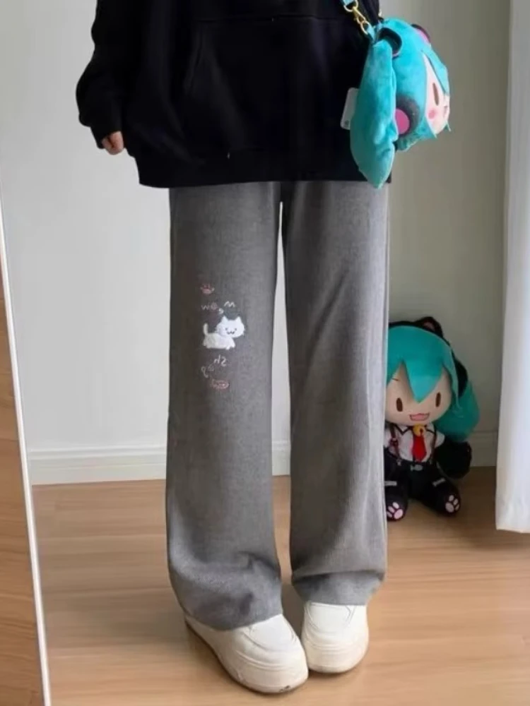 

HOUZHOU Kawaii Gray Cat Embroidery Women Corduroy Pants Cute Vintage Japanese Style Straight Trousers Baggy Casual Thick Autumn