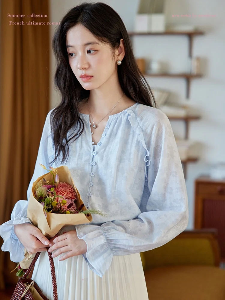 

Женская осенняя винтажная рубашка Moriirose синего цвета с длинным рукавом, принтом и пуговицами, на пуговицах, с круглым вырезом, открытый кардиган, удобная