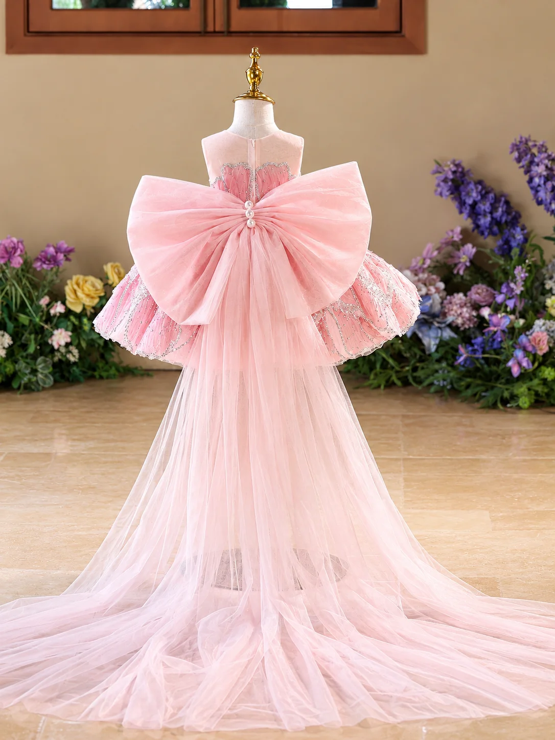 KLFLGD Tassel girls pink sequin train dress gorgeous Christmas ball gown tulle big bow holiday party princess dress