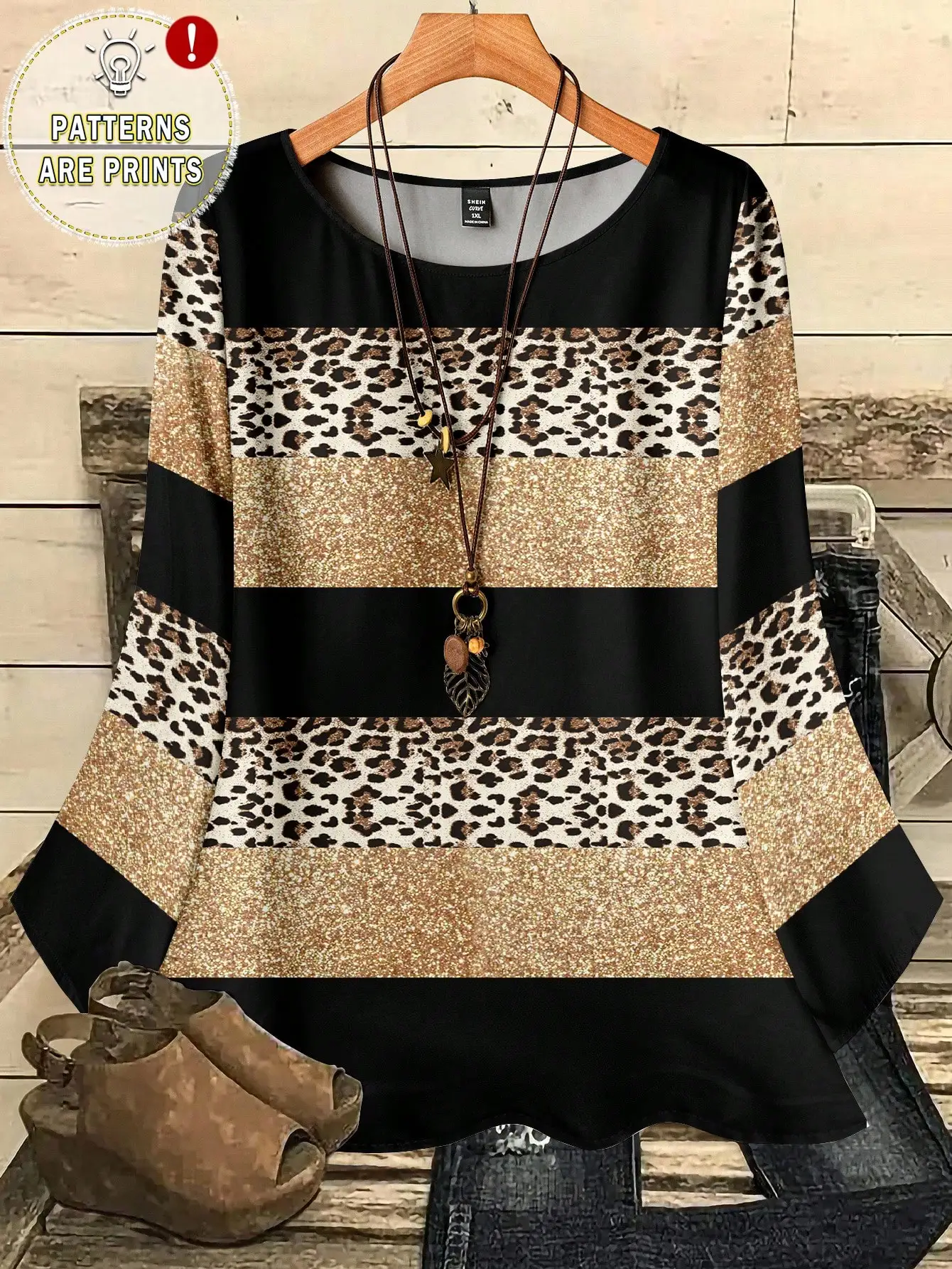 

Блузка больших размеров с леопардовым принтом и блестками, свободный крой, рукав 3/4, круглый вырез, для женщин