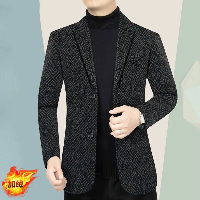 High End Winter Add Velvet Warm Suit Jacket for Men Solid Color Slim Business Casual Social Blazers Office Wedding Men Clothing