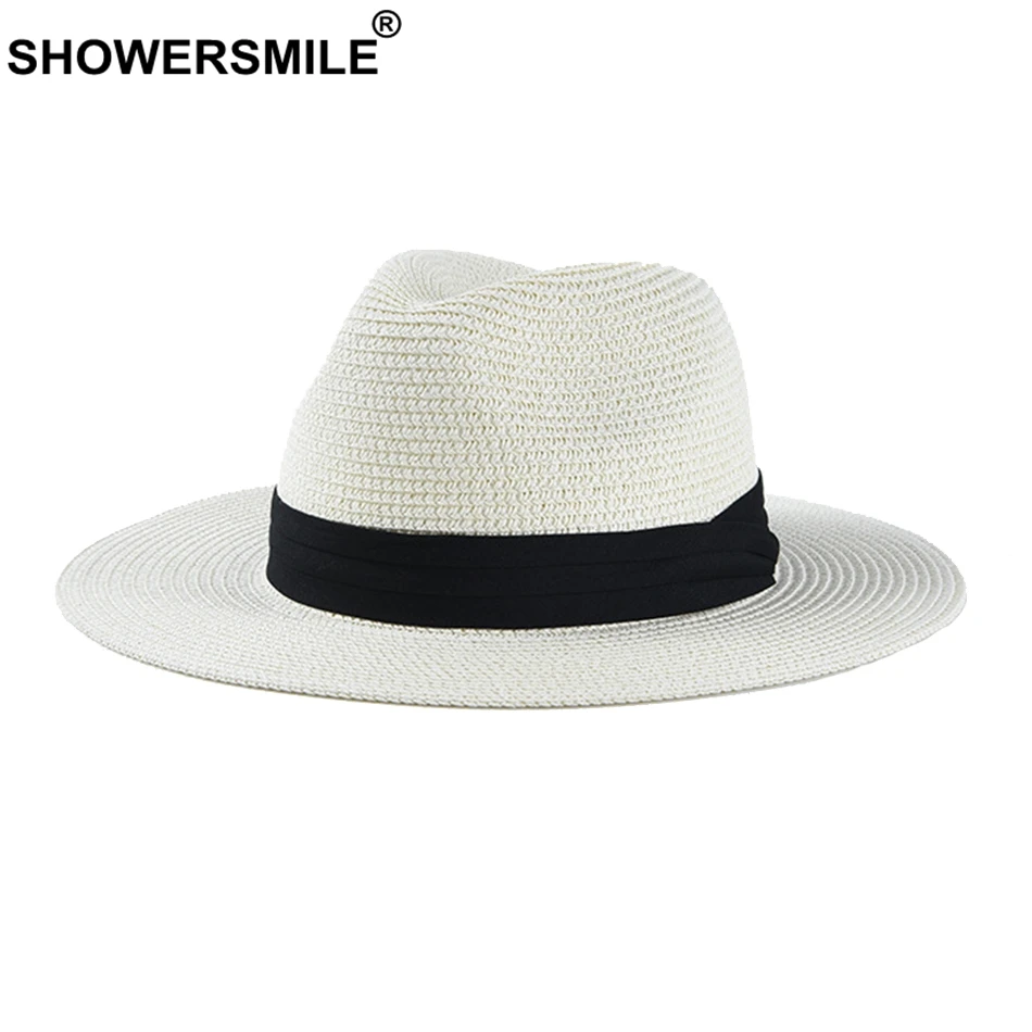 SHOWERSMILE Panama Hat Men Classic Straw Jazz Hat Women Beige Outdoor Casual Hawaiian Ribbon Sun Protection Summer Hat Unisex