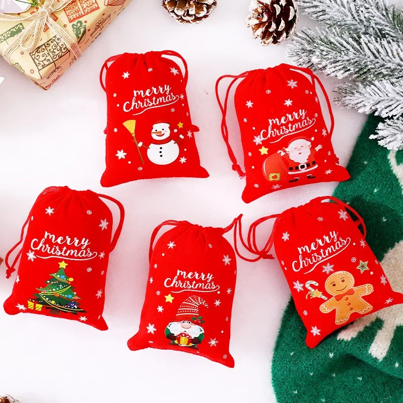 5/10pcs Cute Red Santa Claus Snowman Drawstring Bags Gingerbread Candy Gift Packaging Bag for Merry Christmas Theme Party Decor