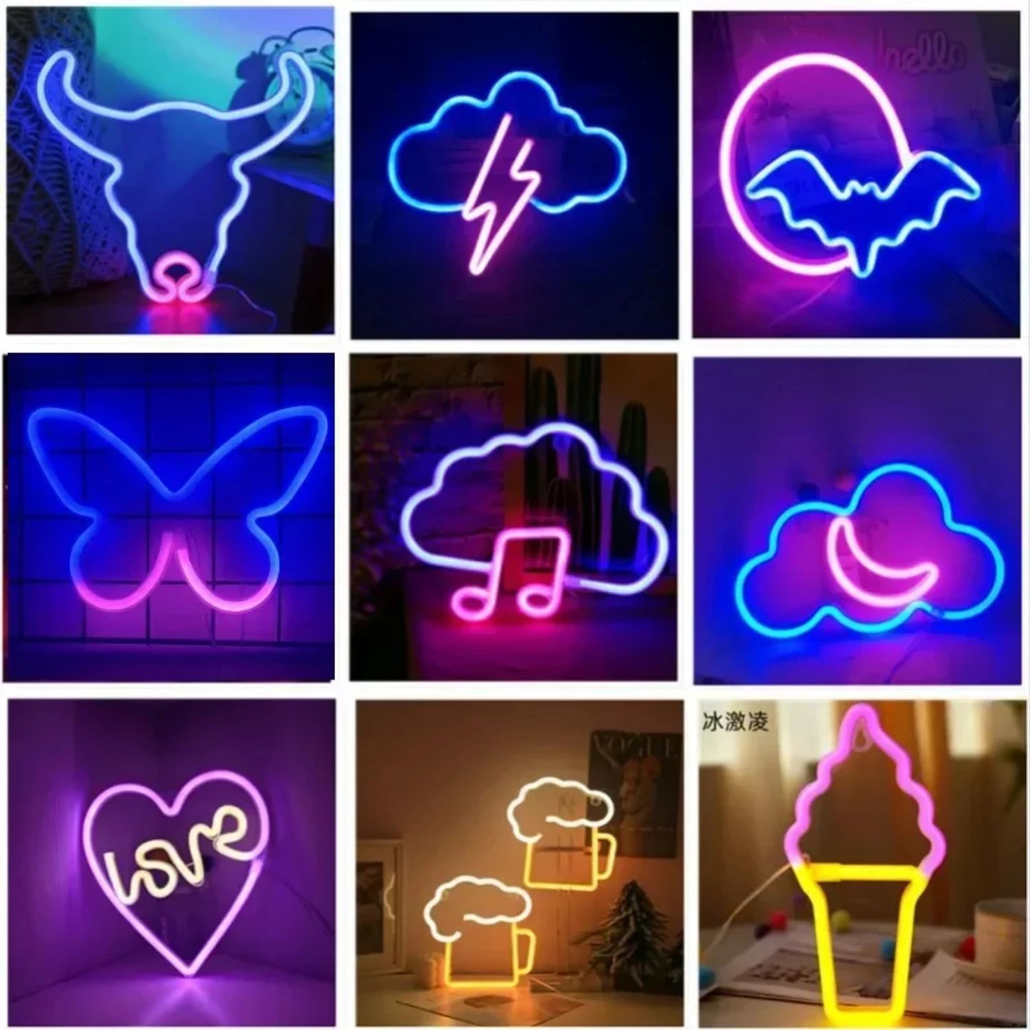 Neon Luminous Decorative Wall Sign  - Perfect Unique Gift for Room, Shop, or Party Decorations - LED Cloud Lightning Bat Cow Bee