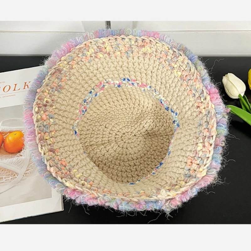 Koreanischer Stil Süßer Bunter Gestrickter Bucket Hat mit Rohkante für Herbst und Winter Warme Reise-Kuppelmütze für Frauen – Detail 6
