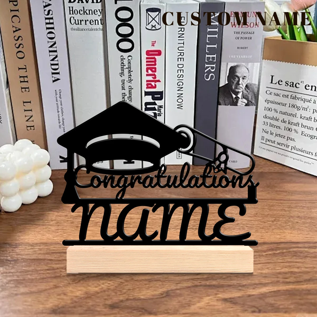 1pc Desktop Metal Ornaments Customizable Name Equipped with Wooden Base Decorative Gifts, Metal Statue Ornaments