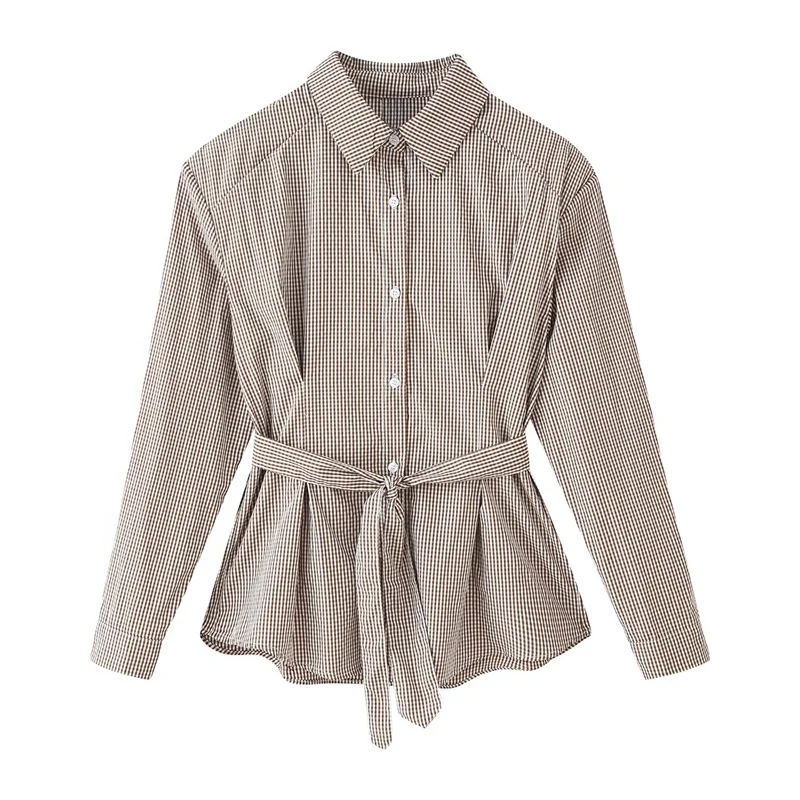 

Summer Women's Plaid Casual Shirts Top 2026 New Fashion Long Sleeved Belt Blouses Elegant Women's Shirt