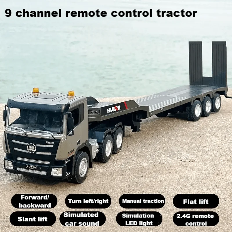 Huina Remote Control Flatbed Trailer Transport Toys 1/18 9CH RC Trailer Engineering Vehicle with Lights Birthday Gifts for Boys