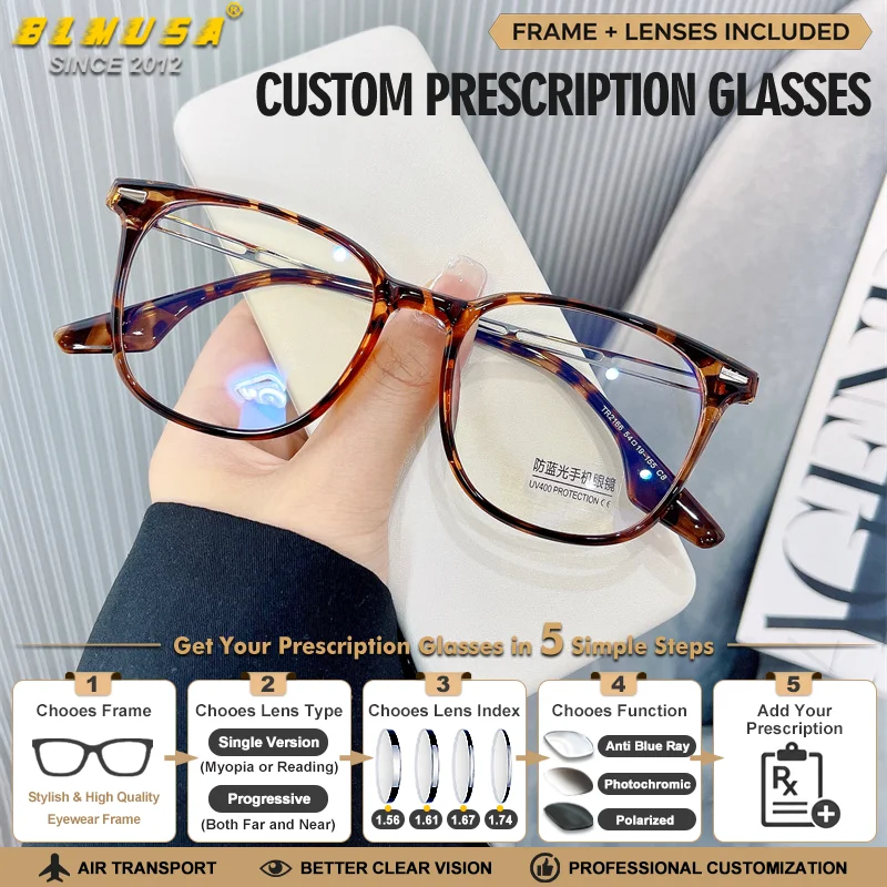 BLMUSA Trendy Square Frame Anti-Reflective Reading Prescription Glasses Women Minimalist Custom Progressive Photochromic Eyeware