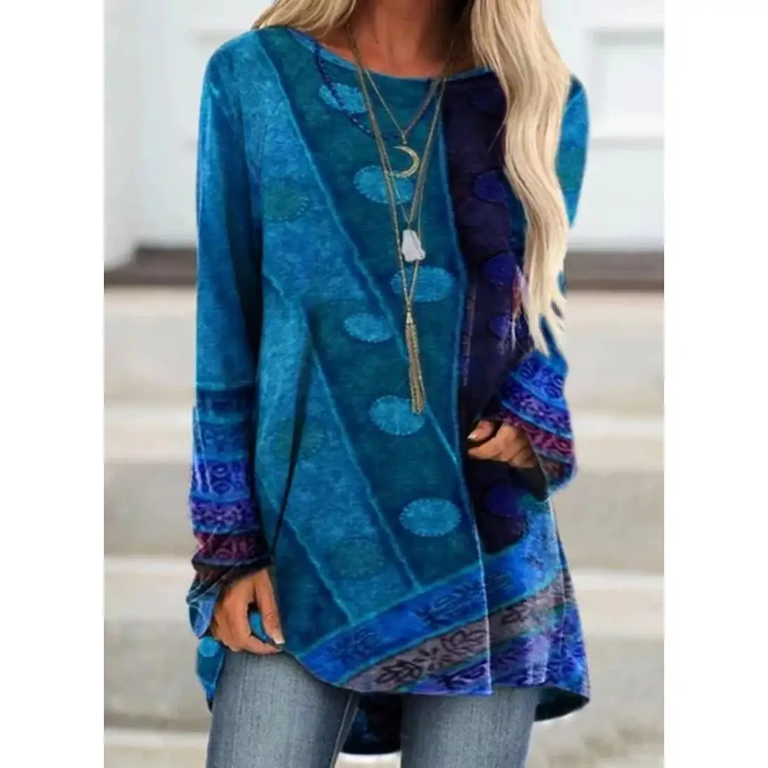 Camiseta larga estampada Sve para mujer, corte holgado, poliéster, informal, Faion, temporada de otoño, ropa para mujer, fibra de poliéster 00%