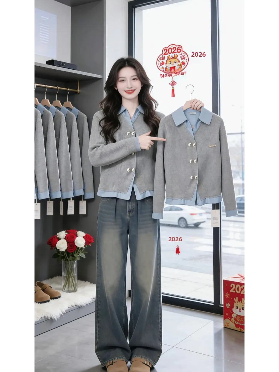 

Grey Knitted Collar Shirt And Sweater Outerwear Women's Casual Style Long Sleeve Loose Fit Spring Autumn New Arrival Fak...