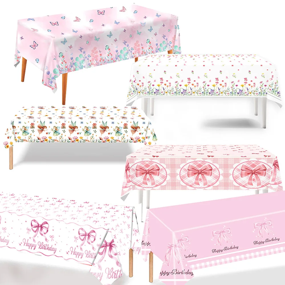 Tischdecken mit Schmetterlingsschleife, Motiv: Schleife, Geburtstagsparty-Dekorationen, rosa Schleife, rechteckige Kunststoff-Tischdecke, perfekt für Mädchenpartys