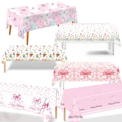 Butterfly Bow Theme Tablecloths Bow Birthday Party Decorations Pink Bow Rectangular Plastic Table Cover Perfect for Girl Parties