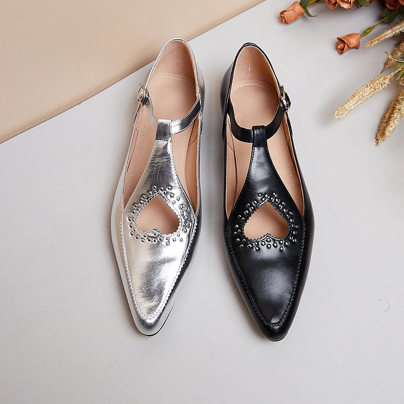 Woman Flat Shoes French Style Silver Simple Shoes Cow Leather Retro Flats Spring Autumn Buckle Strap Mary Jane Low Heels