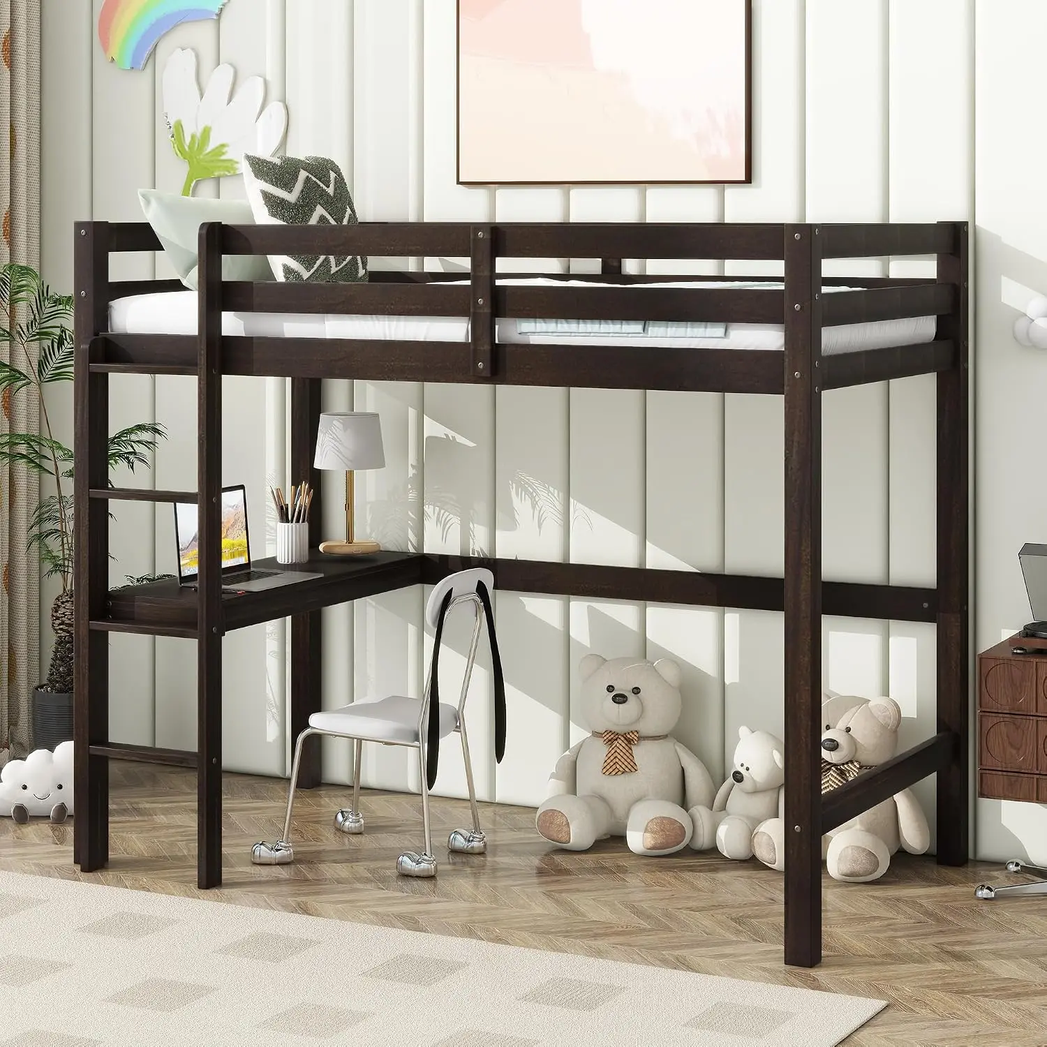 Harper & Bright Designs Twin Size Loft Bed with Desk, Wooden Kids Loft Bed Twin with Safety Guardrail and Ladder, No Box Spring