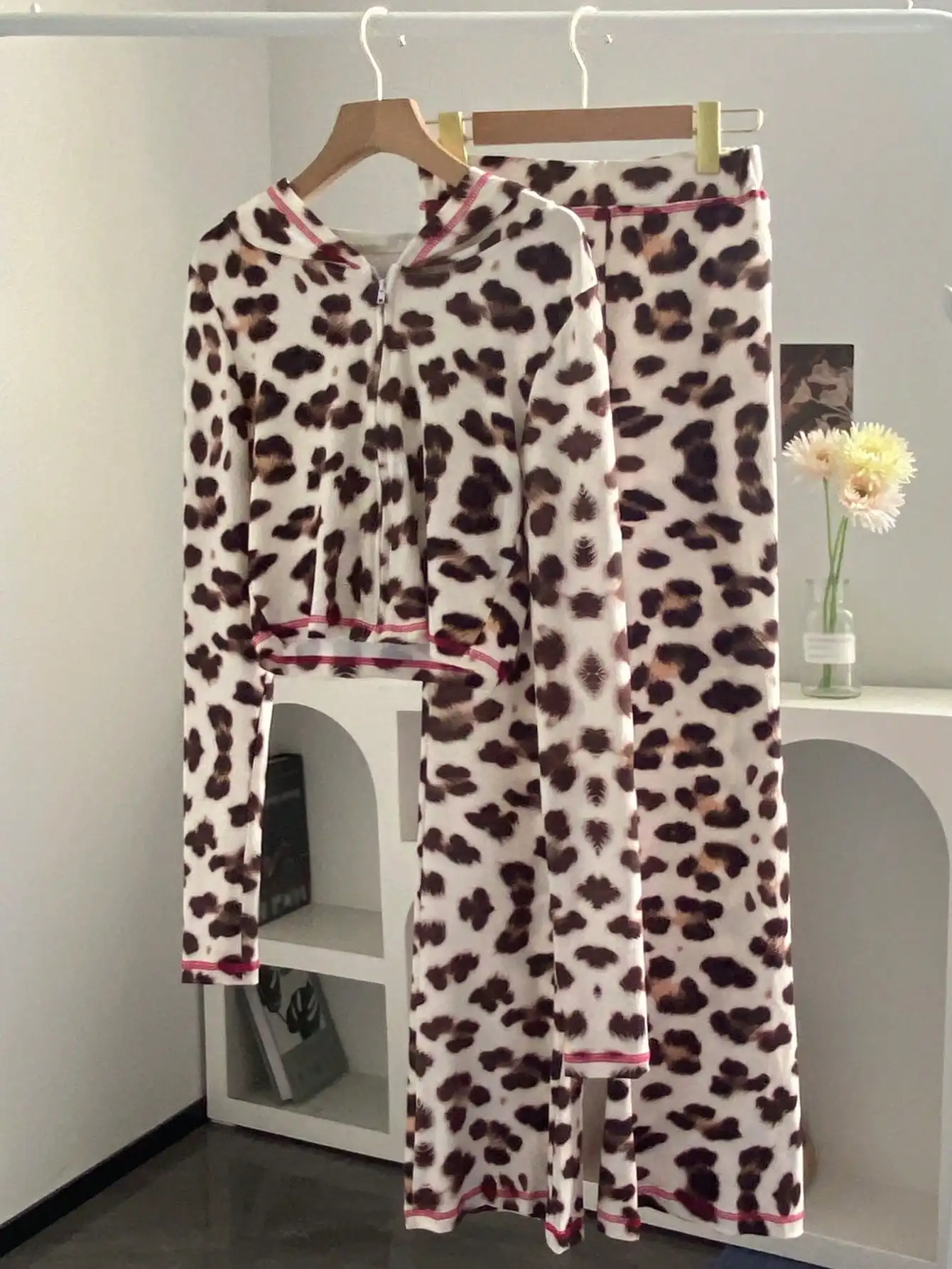 Leopard Print 2-Piece Set pants detail showing elasticated drawstring waistband and straight-leg silhouette