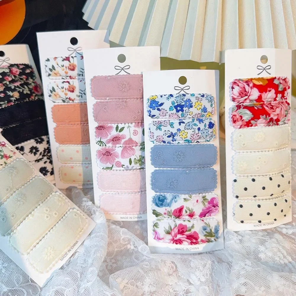 6PCS/Card Flower Print Cotton Alloy Hair Bow Snap Clips Set Fabric Plaid Bobby Hairpins Hairgrips Girls Kids Headwea