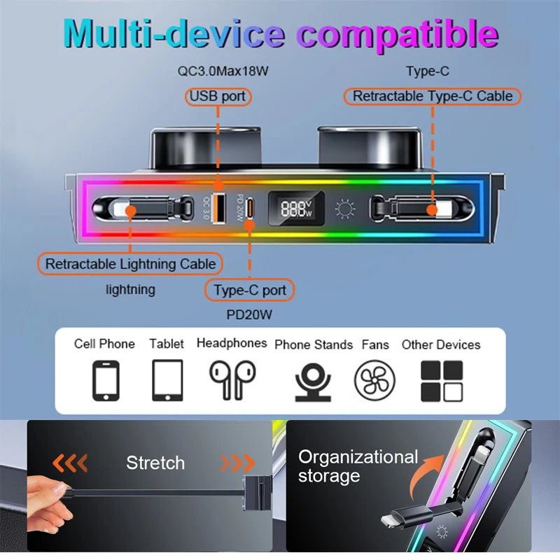 Eary USB Hub for Tesla Model 3 Y Highland Fast Charger Retractable Docking Station with RGB Lighting Fast Charging Data Cables