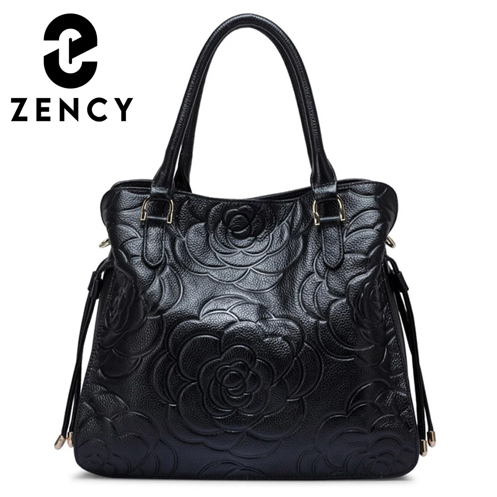 Zency Large Luxury Designer Bag For Women Genuine Leather Embosse Rose Decorate Crossbody Cowhide Tote Shopper Handbag