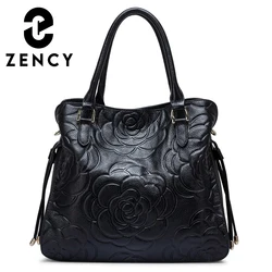 Zency Large Luxury Designer Bag For Women Genuine Leather Embosse Rose Decorate Crossbody Cowhide Tote Shopper Handbag