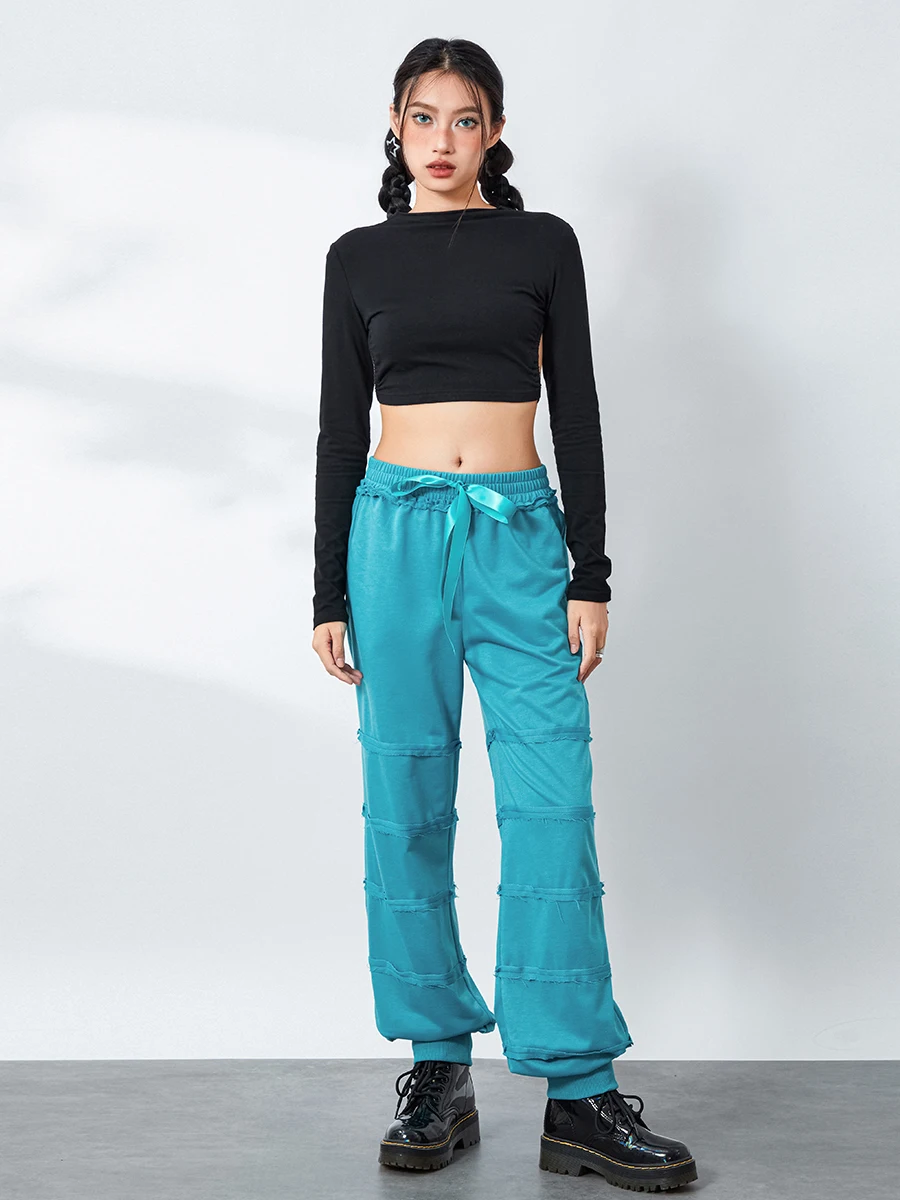 Women s Jogger Pants Raw Hem Drawstring Ribbon Bowknot Elastic Waist Solid Color Loose Sweatpants Cinched Lounge Pants