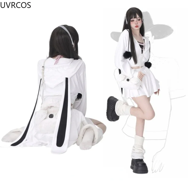 Harajuku Gothic Skirt Sets Women Rabbit Ear Hoodies Zipper Long Sleeve Jacket Coat Hooded Sweatshirts Autumn Two Piece Set 2023