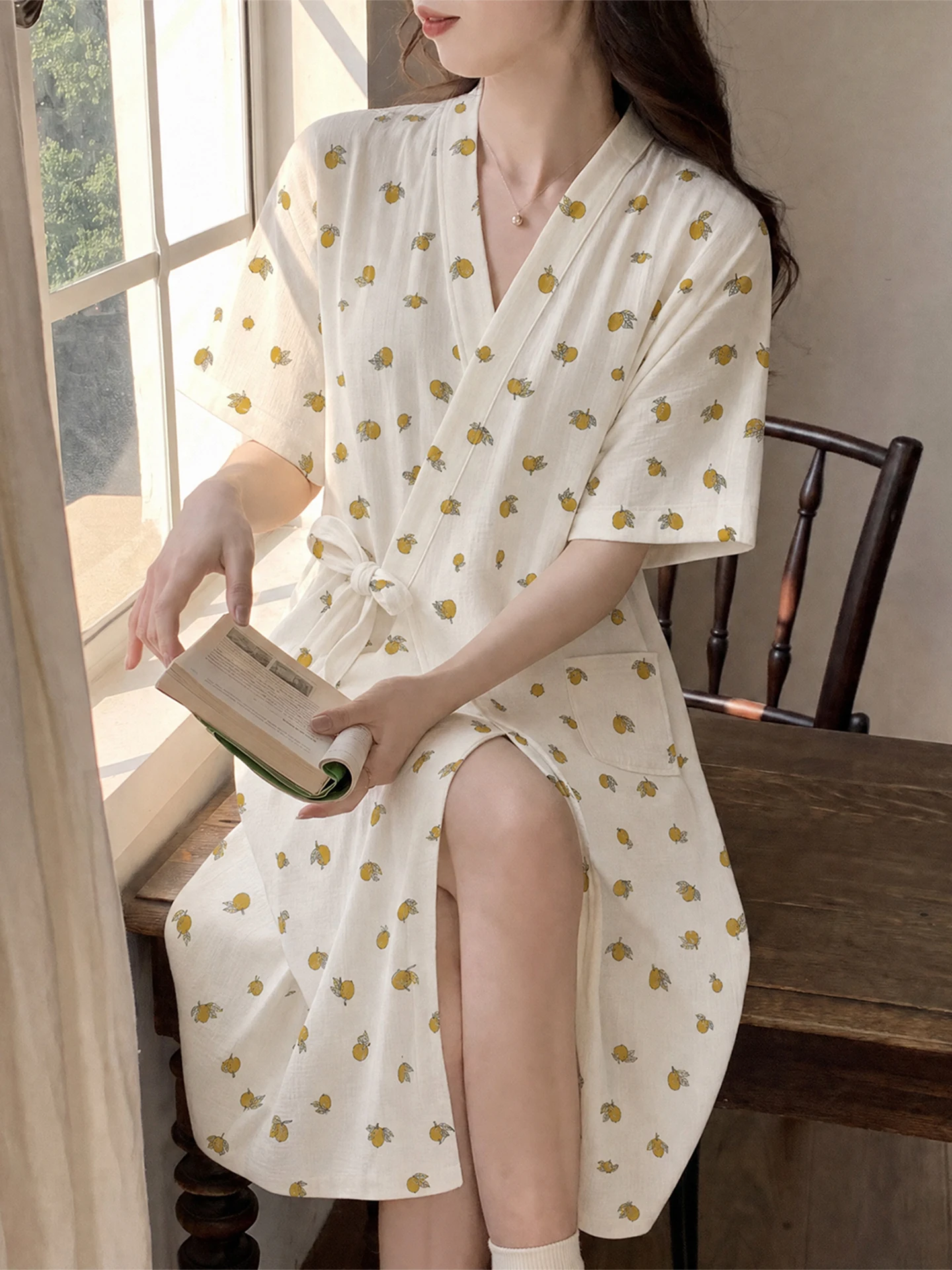 女性用スリープローブ-ダブルレイヤー-コットン-長袖-ルーズフィット-ホームウェア-夏用-快適-通気性-プリント入り-着物風