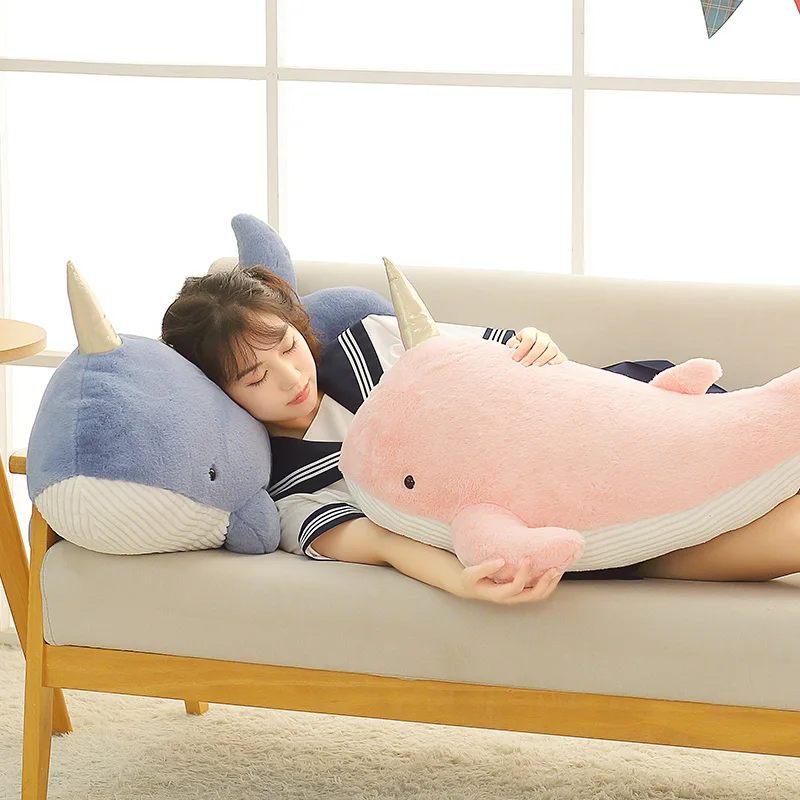 60-120CM Kawaii  Soft Sleeping Narwhal Doll Marine Life Plush Toys Cute Stuffed Fish Cushion Pillows Baby Kids Gift Blue