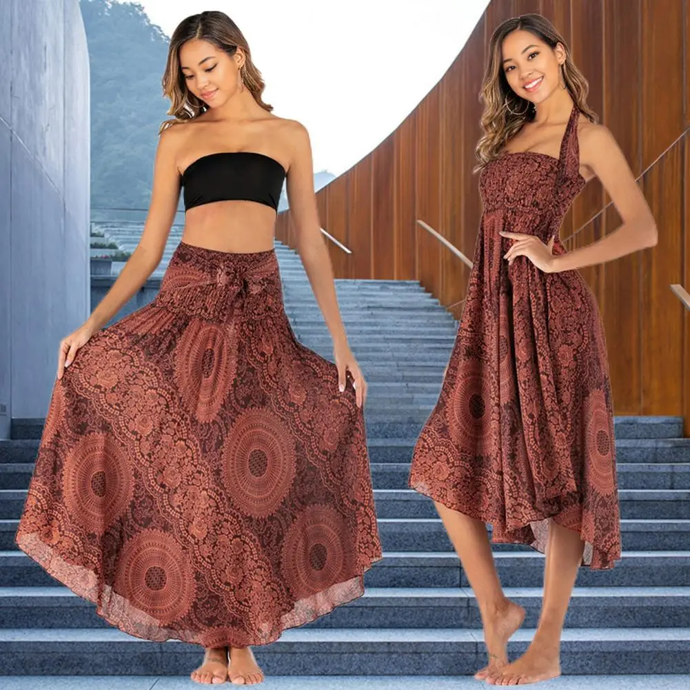 Women Skirt Bohemian Style Women's Retro Print Flowy Hem Halter Midi Dress Skirt Versatile Two-way Wear Sleeveless Long Skirt