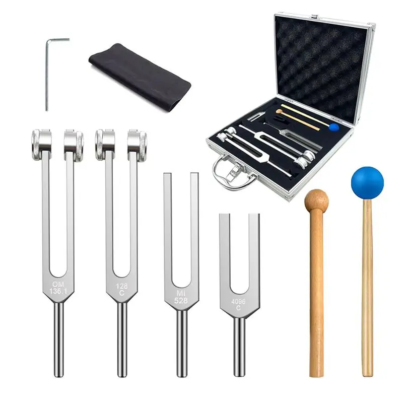 NALFI-For Healing Chakra, Sound Therapy 4Pcs Tuning Fork Set(128Hz, 136.1Hz, 528Hz, 4096Hz) With Reflex Hammers On Silicone Base