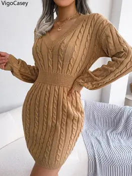 VigoCasey 2025 V-ringad casual kort stickad klänning höst vinter kvinnor enfärgad långärmad klänning dam khaki bodycon stickade klänningar 10 best sales Knit maxi - №10