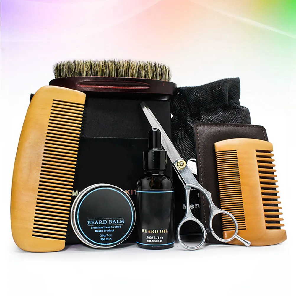 6Pcs Beard Grooming Kit Essential Oil Balm Scissor Comb Brush Natural Ingredients Softening Styling Men Beard Set Daily Care