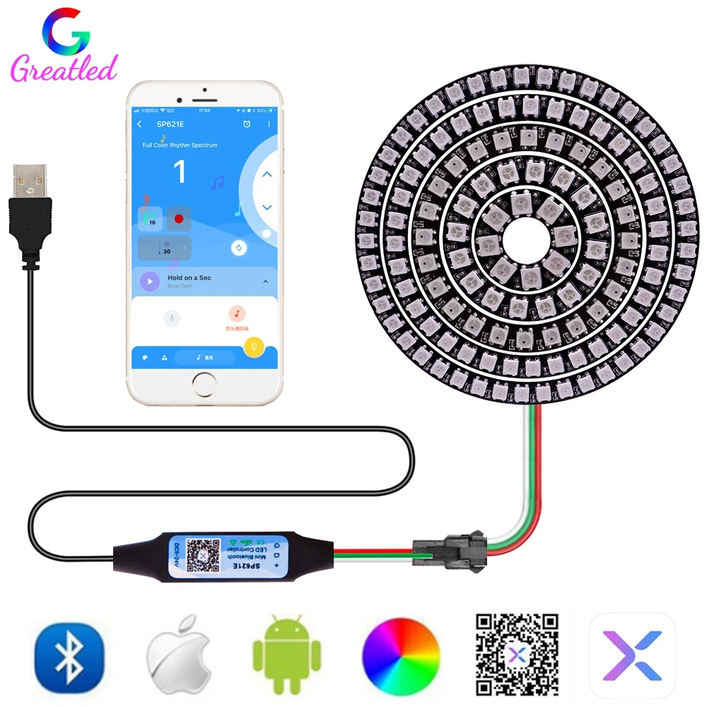 WS2812B Led pierścień pikseli indywidualny adres pierścień 5050 RGB WS2812 IC wbudowany moduł Led z przewód USB i kontrolerem SP621E 5V