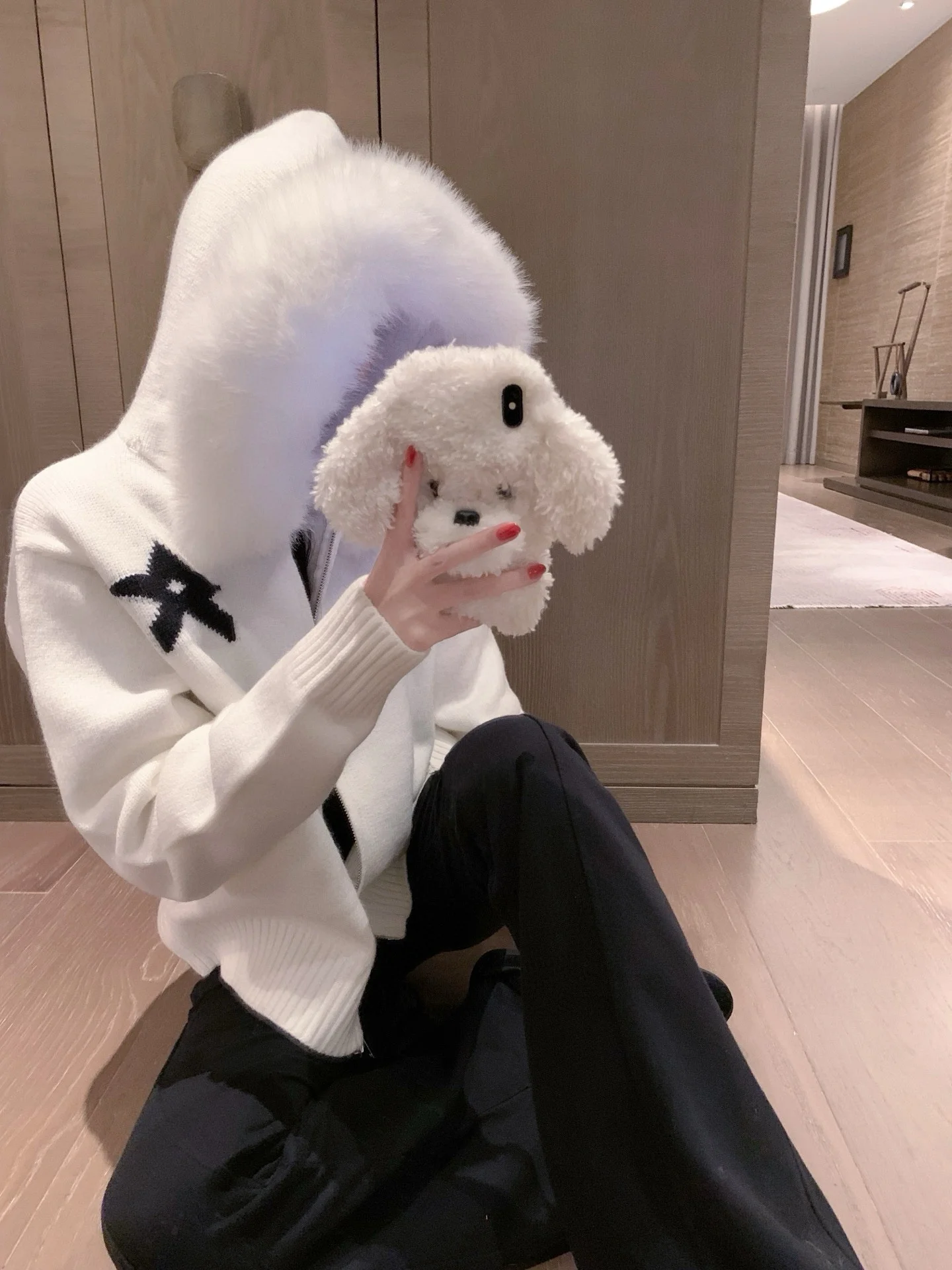 

Лимитированная серия «Сеул»! Женский вязаный свитер 25FW с двойной молнией и большим меховым воротником, свободный крой, для повседневной носки