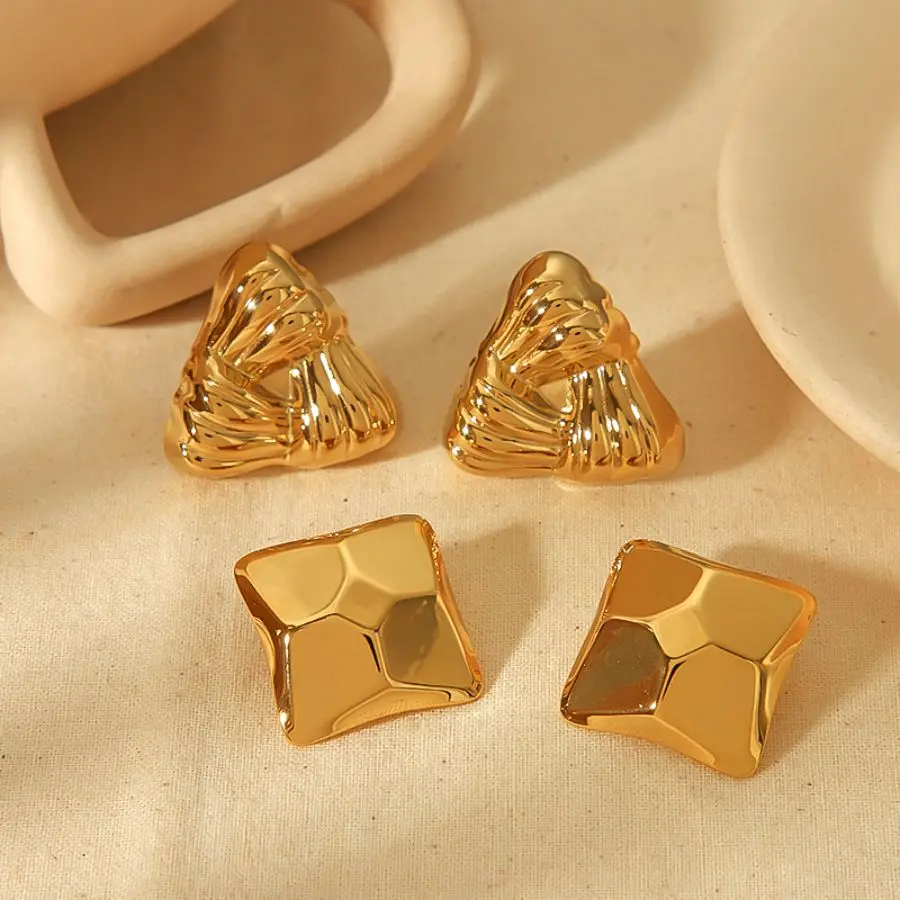 Fashion Personality 18k  Gold Plated Irregular Geometric Triangular Stud Earrings Chunky Glossy Stainless Steel Square Earrings