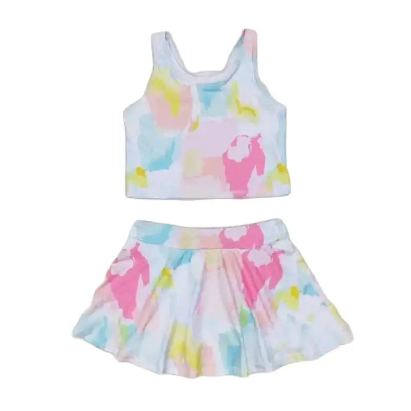 GSD0991 Kids  Girls Summer Outfit Sets Sleeveless Top Color Print With Culottes Suit  Children Clothes