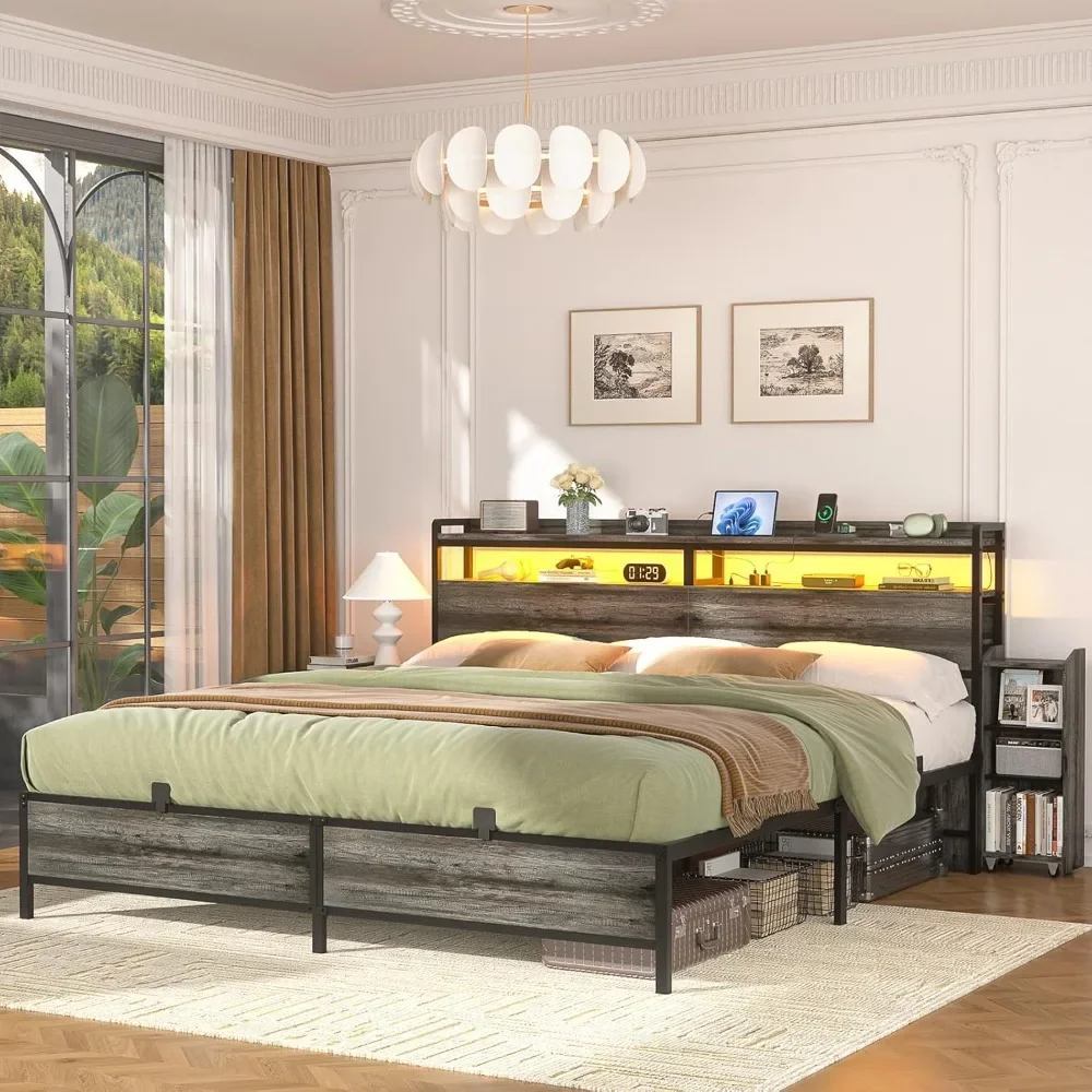 

King Size Bed Frame with Bookcase Storage Headboard and LED Light, King Bed with Slide Out Bedside Cabinet and Power Outlet