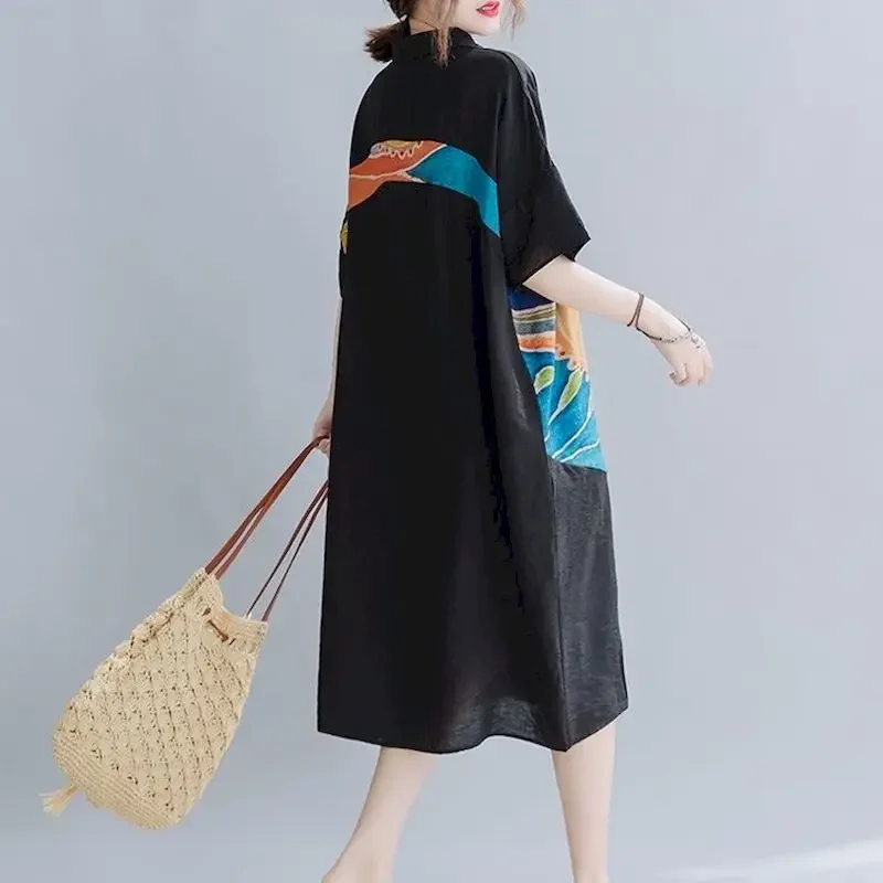 Abito da donna stampato a maniche corte con temperamento Abito stile coreano Tendenza estiva Camicie sottili larghe di media lunghezza Abito da donna