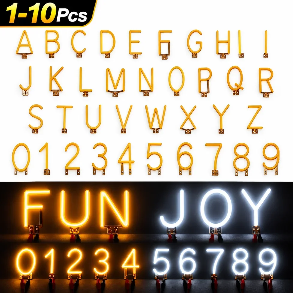 1-10Pcs LED Neon Filament Light A-Z Alphabet 0-9 Number Sign DIY Combination Neon Sign for Birthday Wedding Party Home Decor