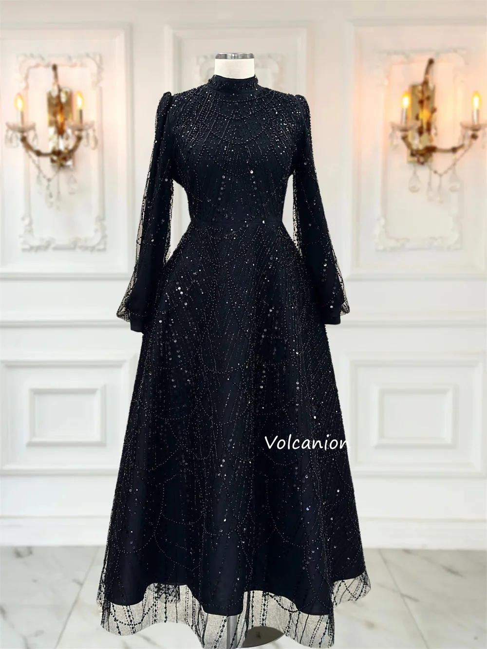 Customized Intricate Charmeuse Pleat Sequined Pattern A-line High Collar Long Bespoke Occasion Prom Dresses Matching