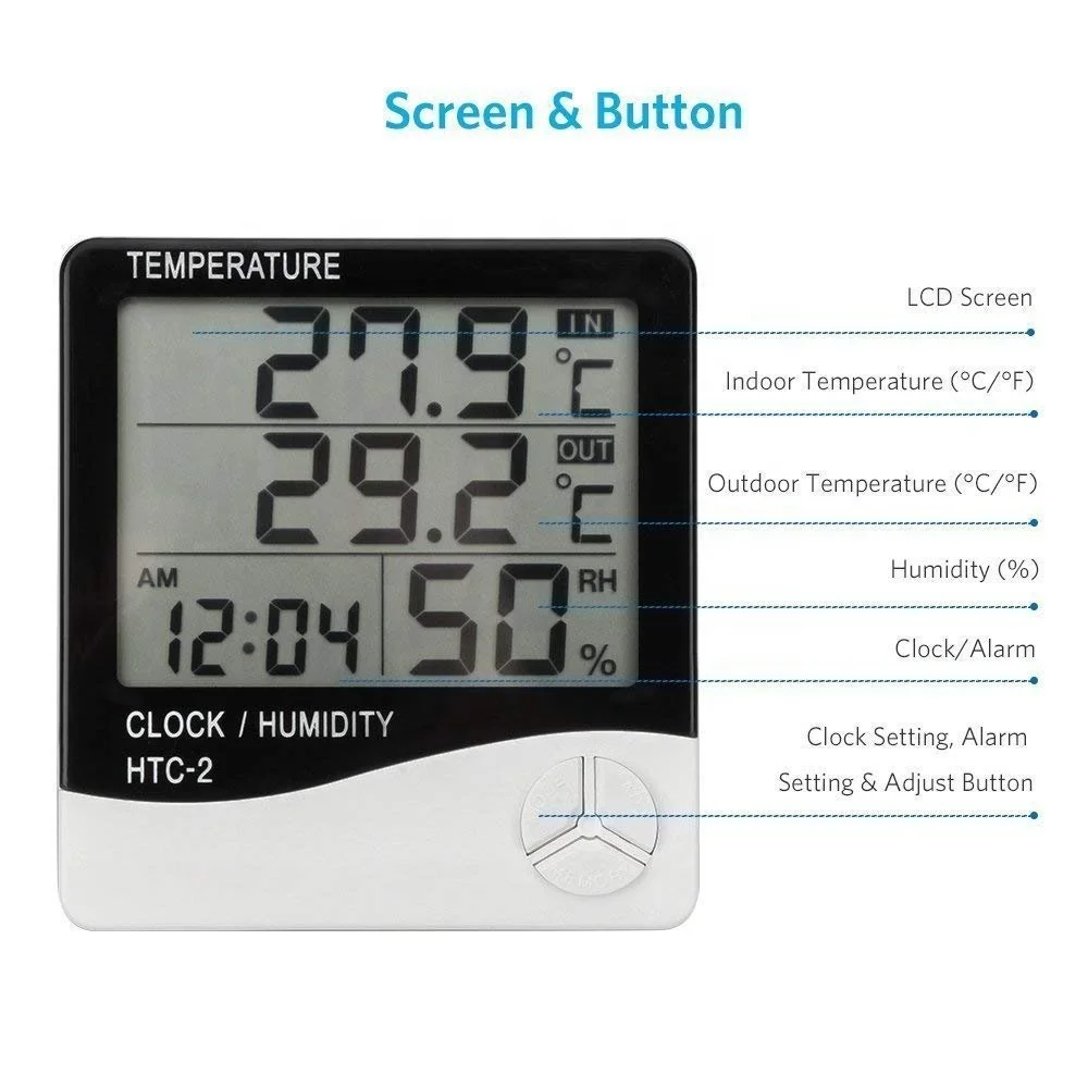 HTC2 Digital LCD Temperature Thermometer Humidity Hygrometer Meter Clock Probe