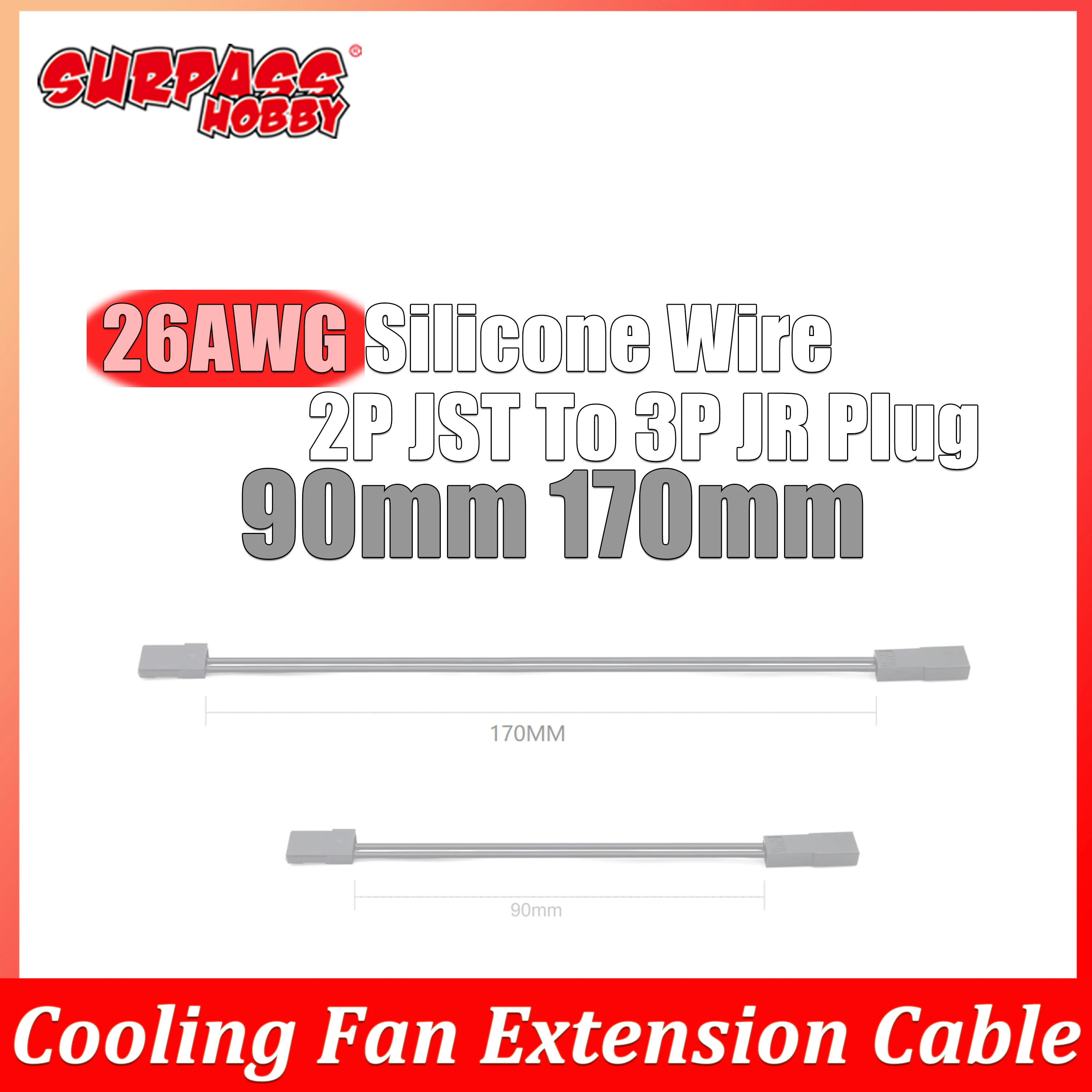 90mm 170mm Cooling Fan Extension Cable 26AWG Silicone Wire 2P JST To 3P JR Plug for RC Car Truck Aircraft Model Toy Motor Parts