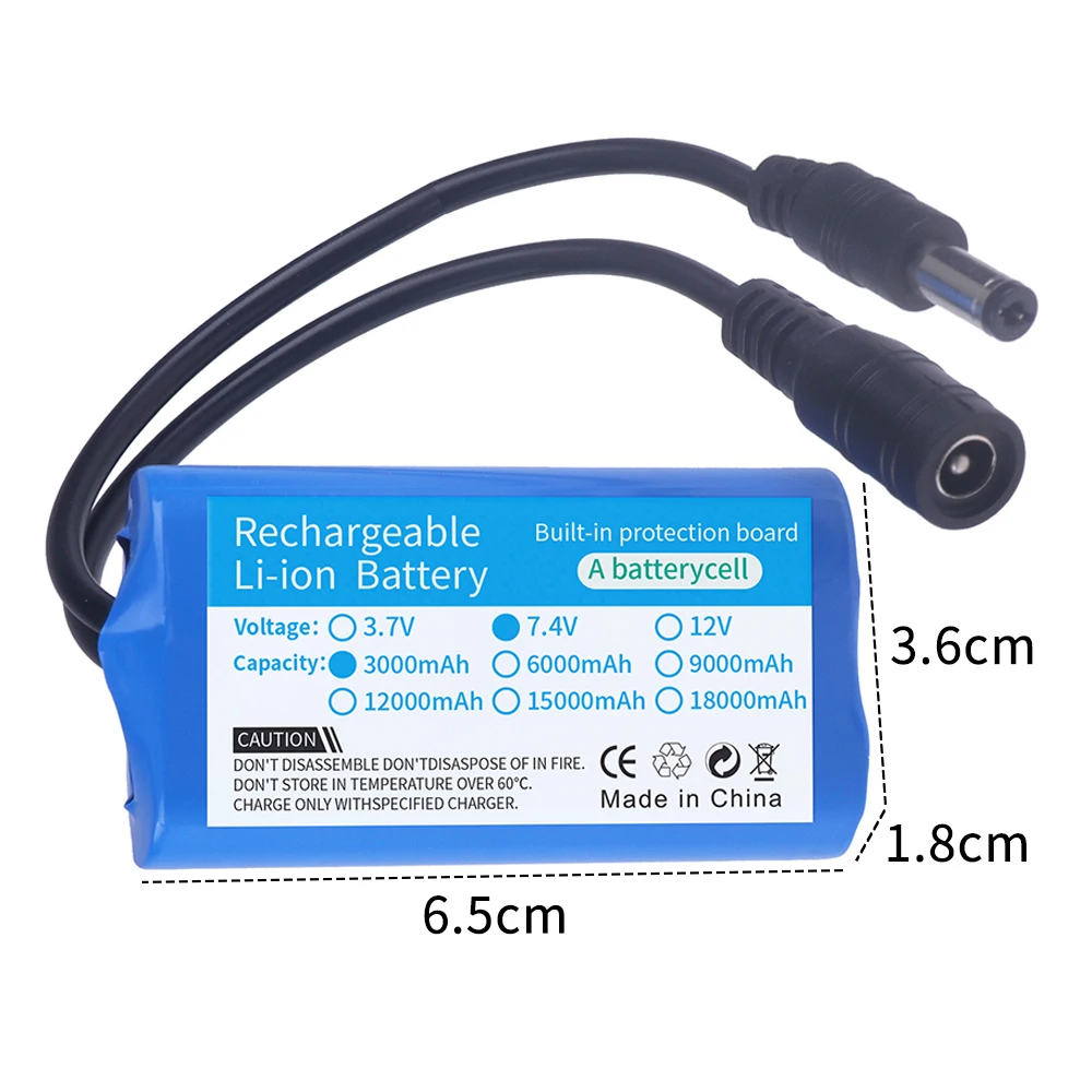 7.4V 18650 Rechargeable Fishing Bait Boat Battery 3000mAh Lithium Battery For Mountain bike headlights, Outdoor LED Lamp,RC Ship