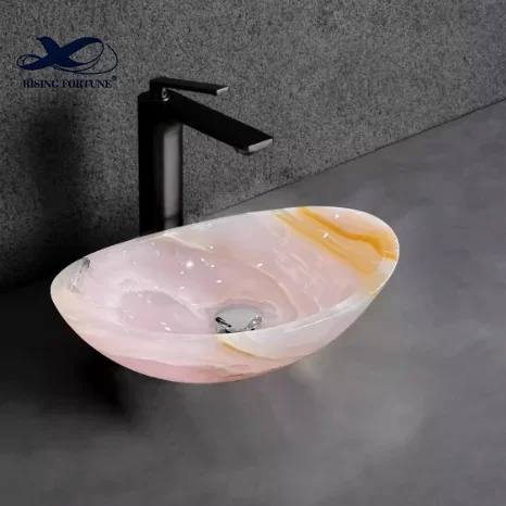 

Modern Design Oval Irregular Shape Bathroom Freestanding Pink Onyx Marble Wash Sink Basin