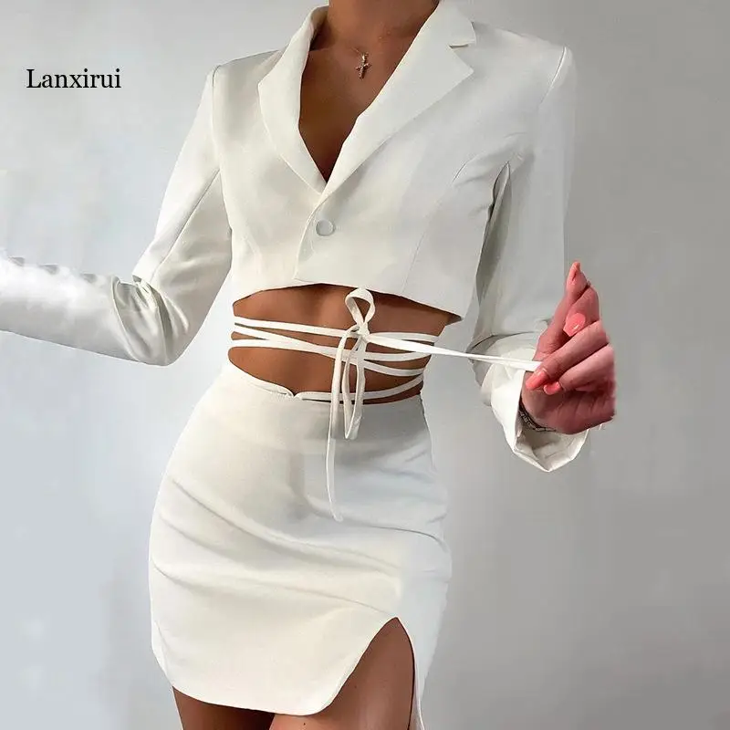 

Fall Suit Women OL Suit White Blazer Set Fashion Sexy Split Fork Bandage Short Skirt Women Casual Short Top Blazer and Skirt Set